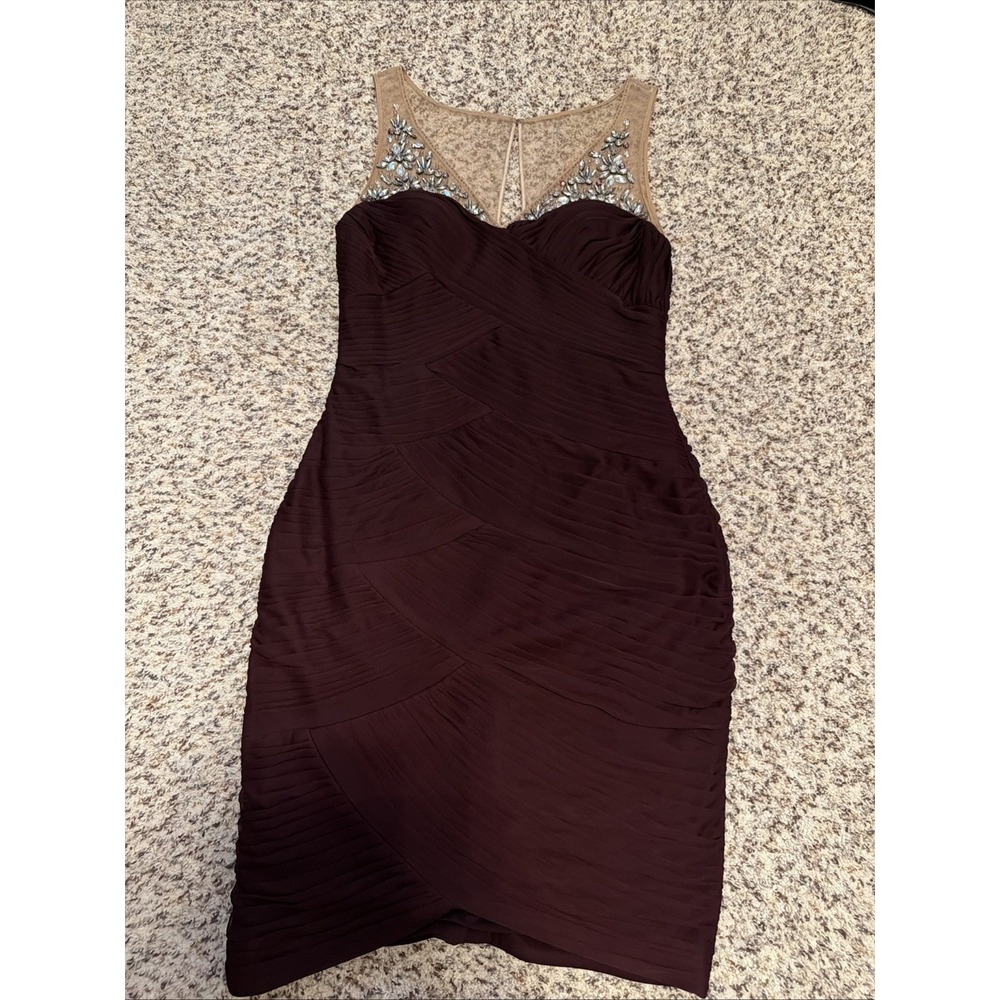 Adrianna Papell Burgundy Sleeveless Embellished Mesh Yoke Mini Dress Sz S